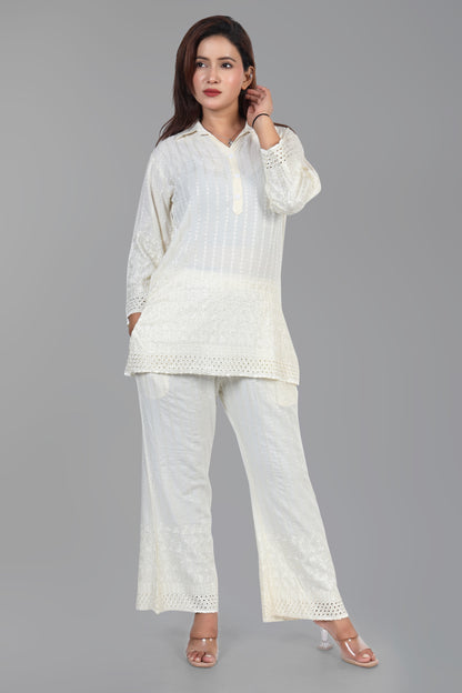 Chikankari Partywear Co-ord Set - Off White