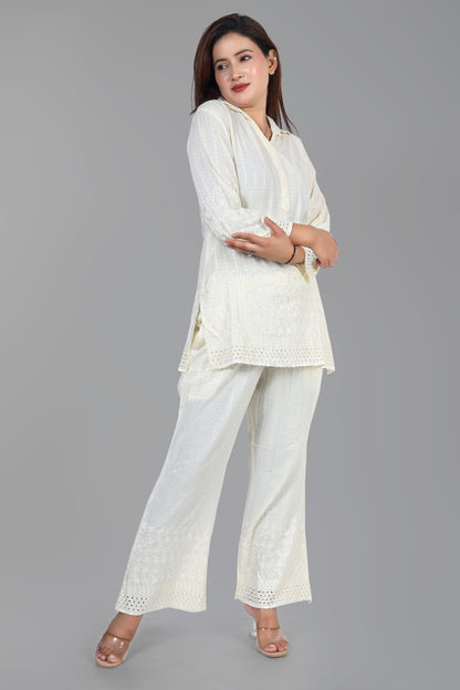 Chikankari Partywear Co-ord Set - Off White