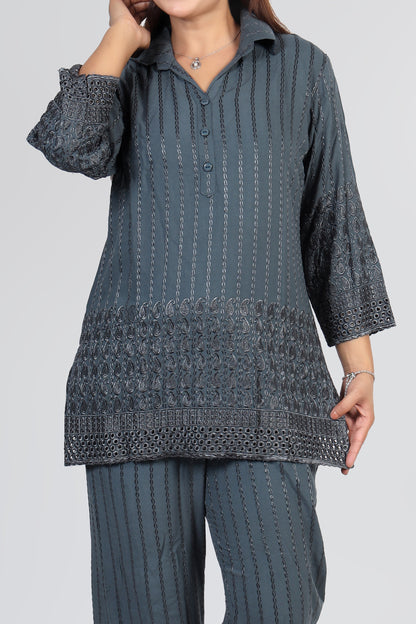 Chikankari Partywear Co-ord Set - Teal Blue