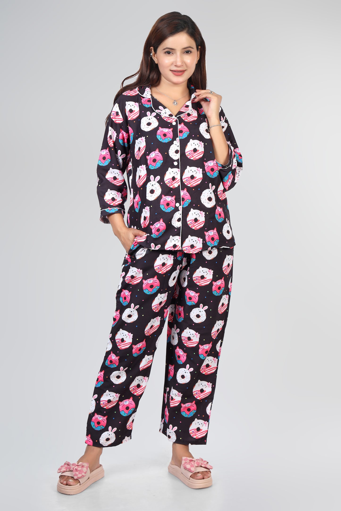 Best Black Donut Summer Nightwear |Donut Print Pajamas