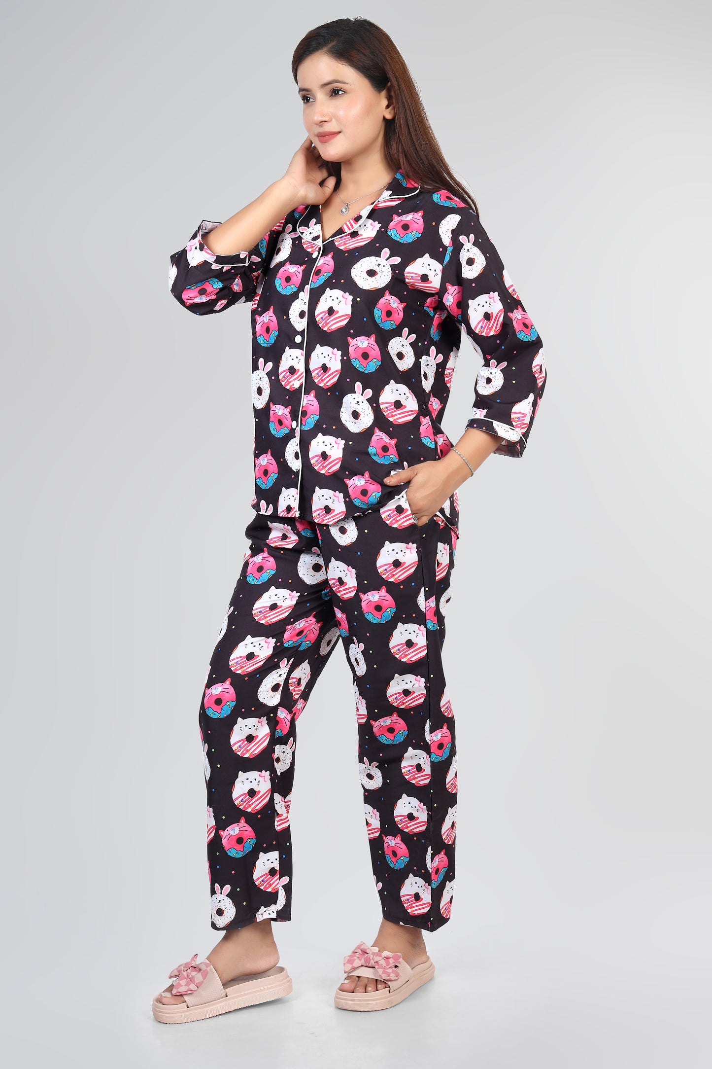 Best Black Donut Summer Nightwear |Donut Print Pajamas