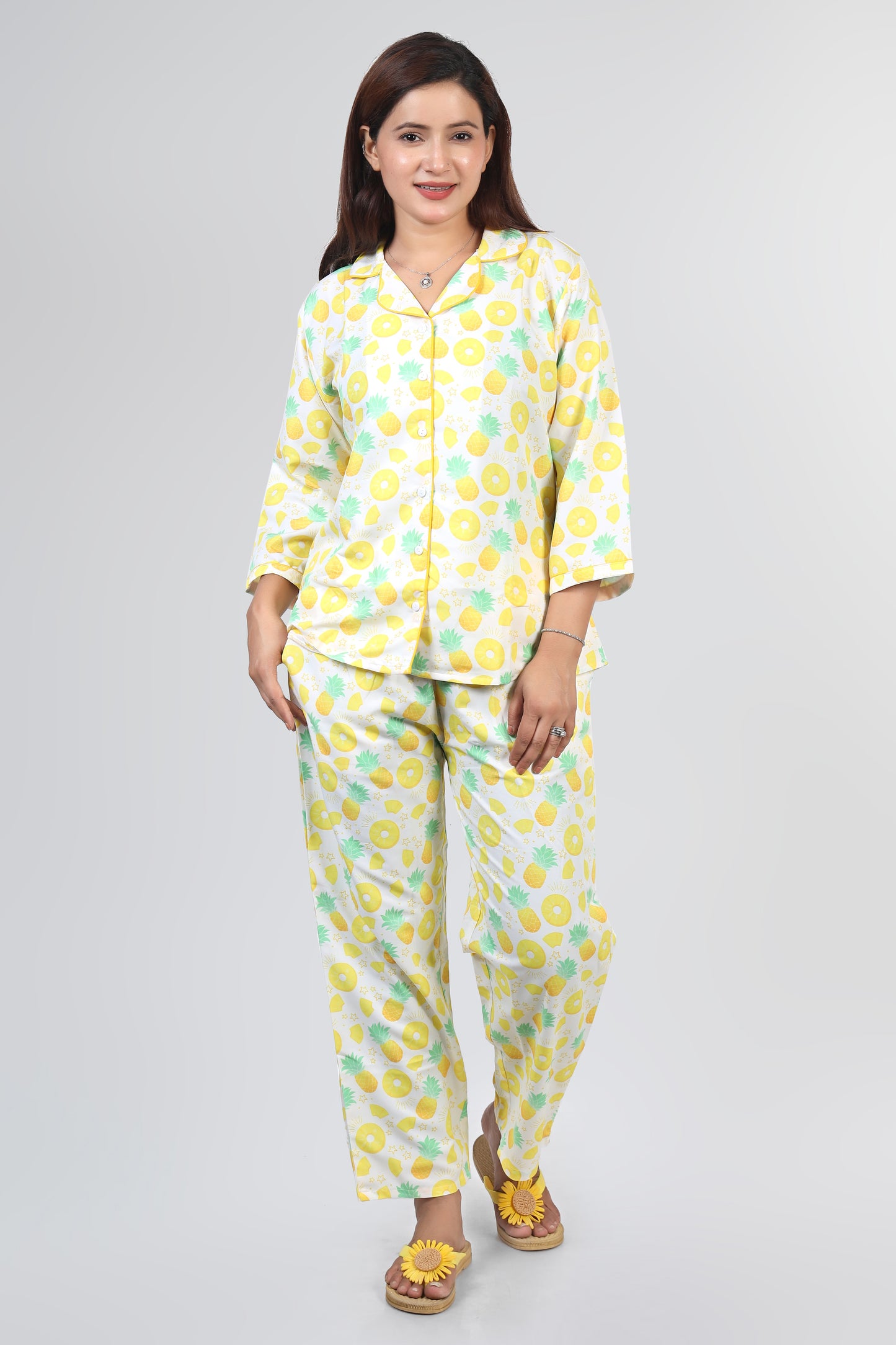 White Yellow Pineapple Summer Nightwear |Pineapple Print Pajamas