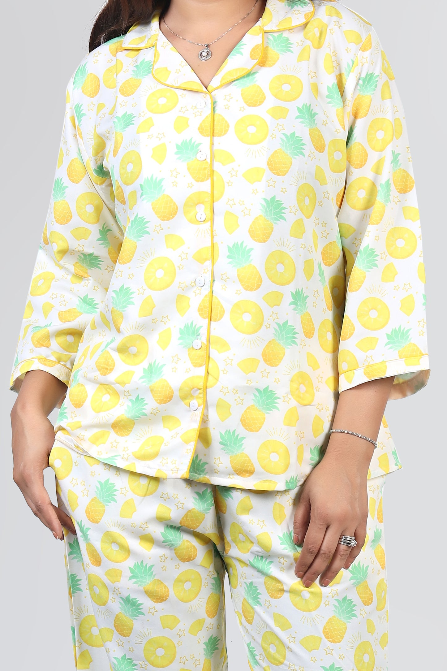 White Yellow Pineapple Summer Nightwear |Pineapple Print Pajamas