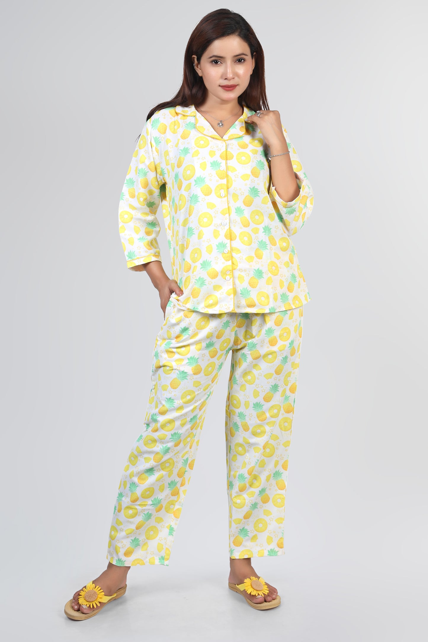 White Yellow Pineapple Summer Nightwear |Pineapple Print Pajamas