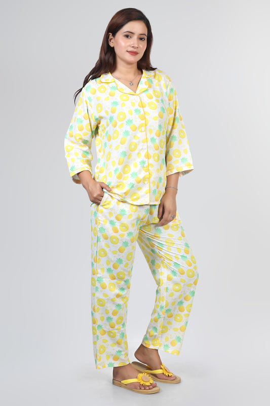 White Yellow Pineapple Summer Nightwear |Pineapple Print Pajamas