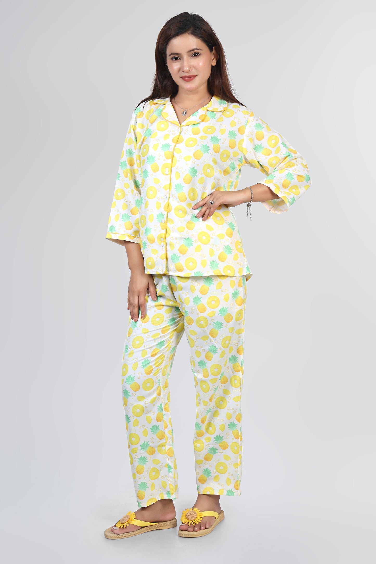 White Yellow Pineapple Summer Nightwear |Pineapple Print Pajamas