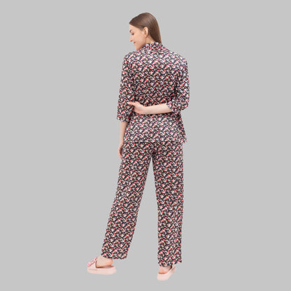 Flower Print Button Down Shirt & Pyjama Set in Rayon Fabric - XXL