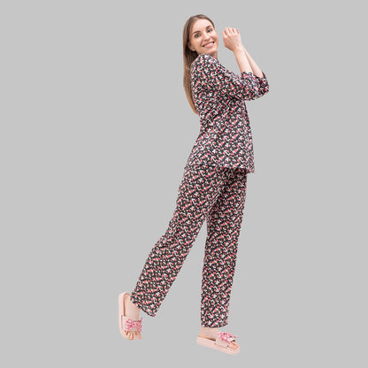 Flower Print Button Down Shirt & Pyjama Set in Rayon Fabric - XXL