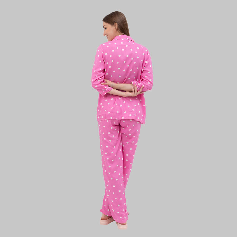 Rayon Polka White Dots Taffy Pink Shirt and Pyjama Set