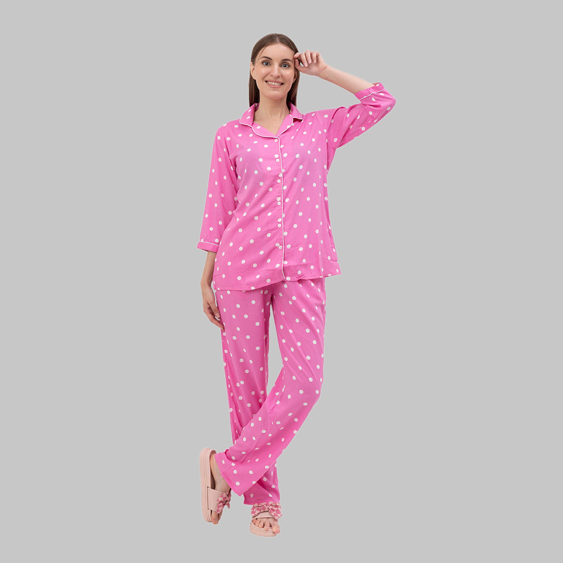 Rayon Polka White Dots Taffy Pink Shirt and Pyjama Set