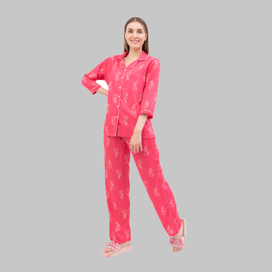 Flowerish Pink Mulberry Print Women's Rayon Solid Night Suit Two-Piece Cute Sleepwear & RelaxWear - XXL