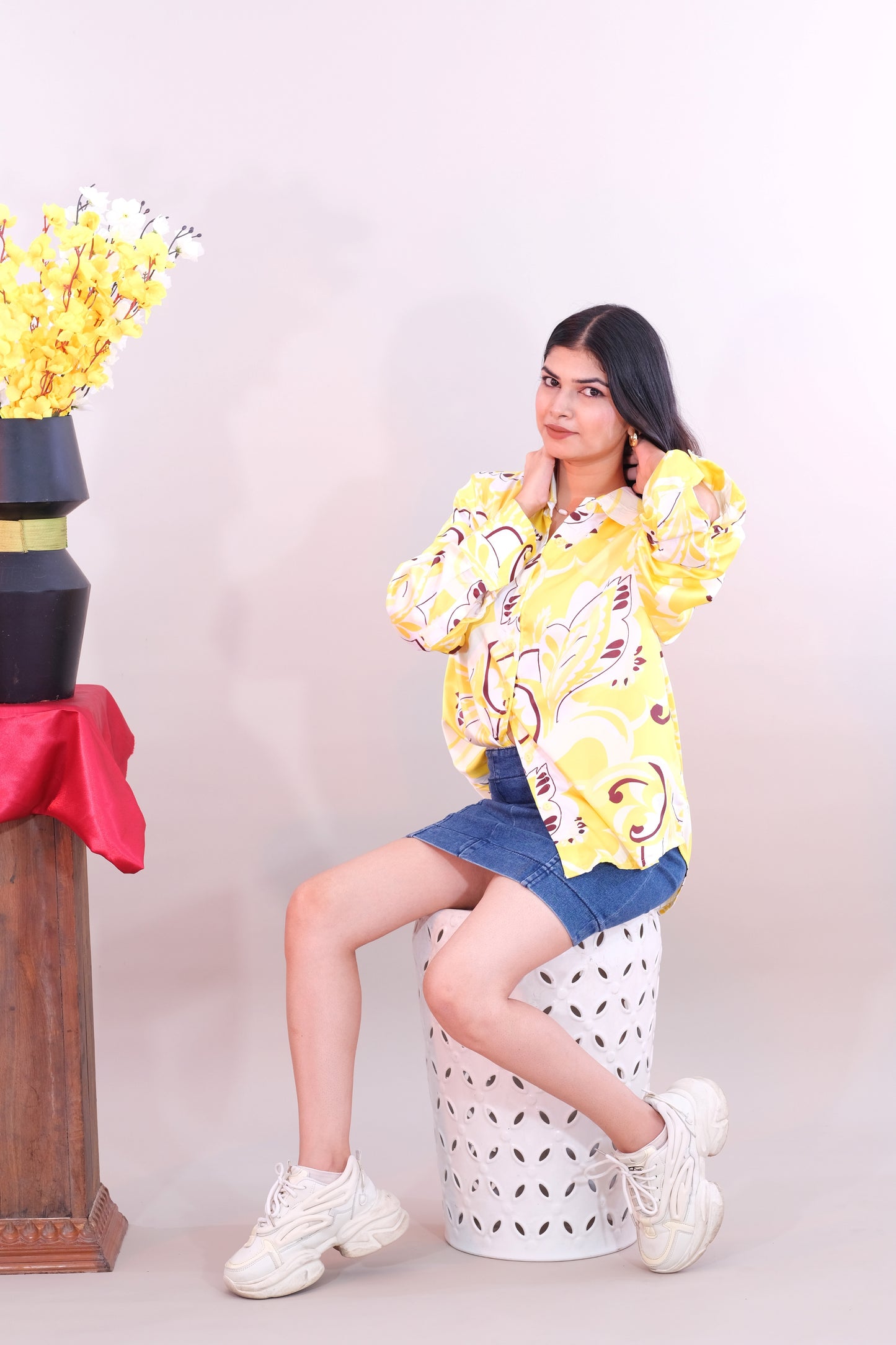 Printed Yellow Shirt for Women (Satin)