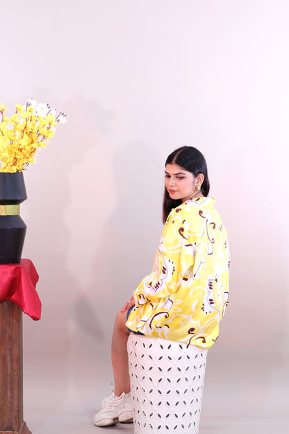 Printed Yellow Shirt for Women (Satin)