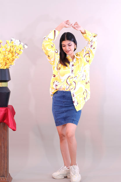 Printed Yellow Shirt for Women (Satin)