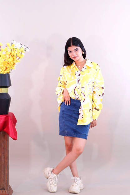 Printed Yellow Shirt for Women (Satin)