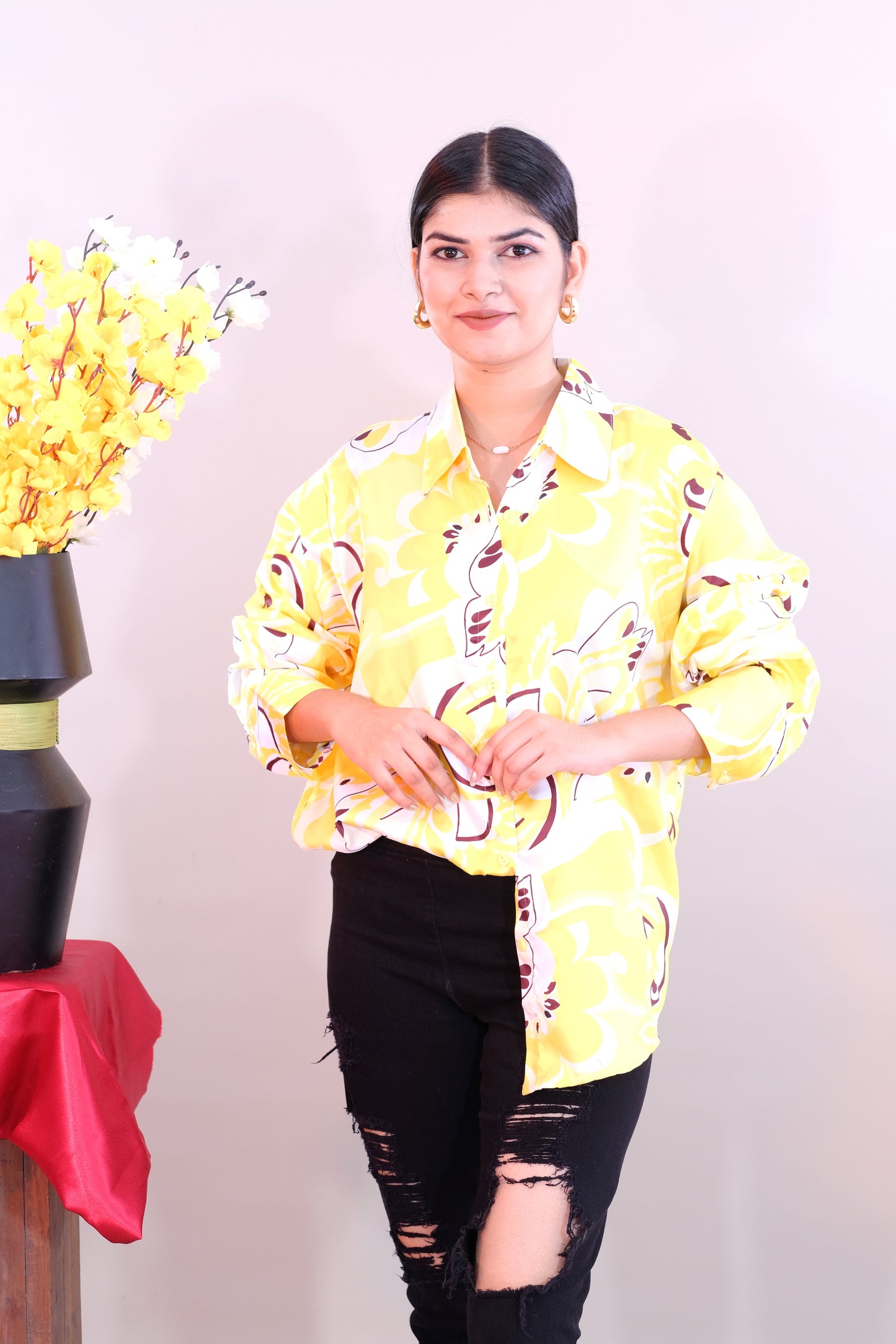 Printed Yellow Shirt for Women (Satin)