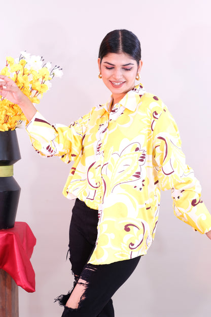 Printed Yellow Shirt for Women (Satin)