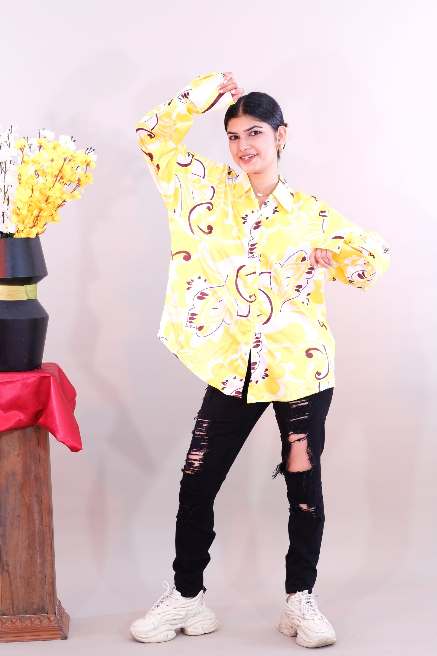 Printed Yellow Shirt for Women (Satin)