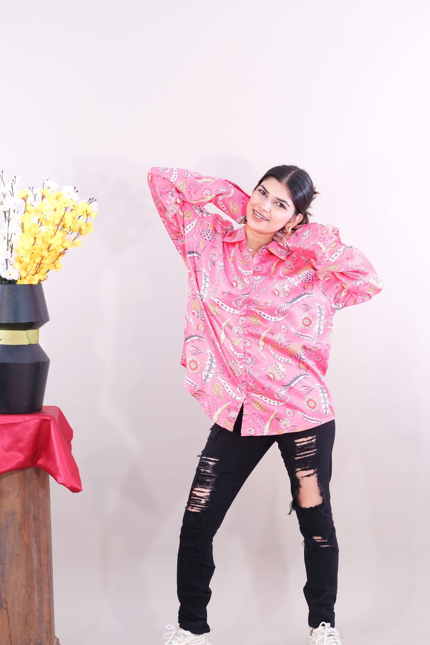 Printed Shirt for women - Pink (Satin)