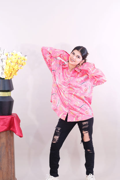 Printed Shirt for women - Pink (Satin)