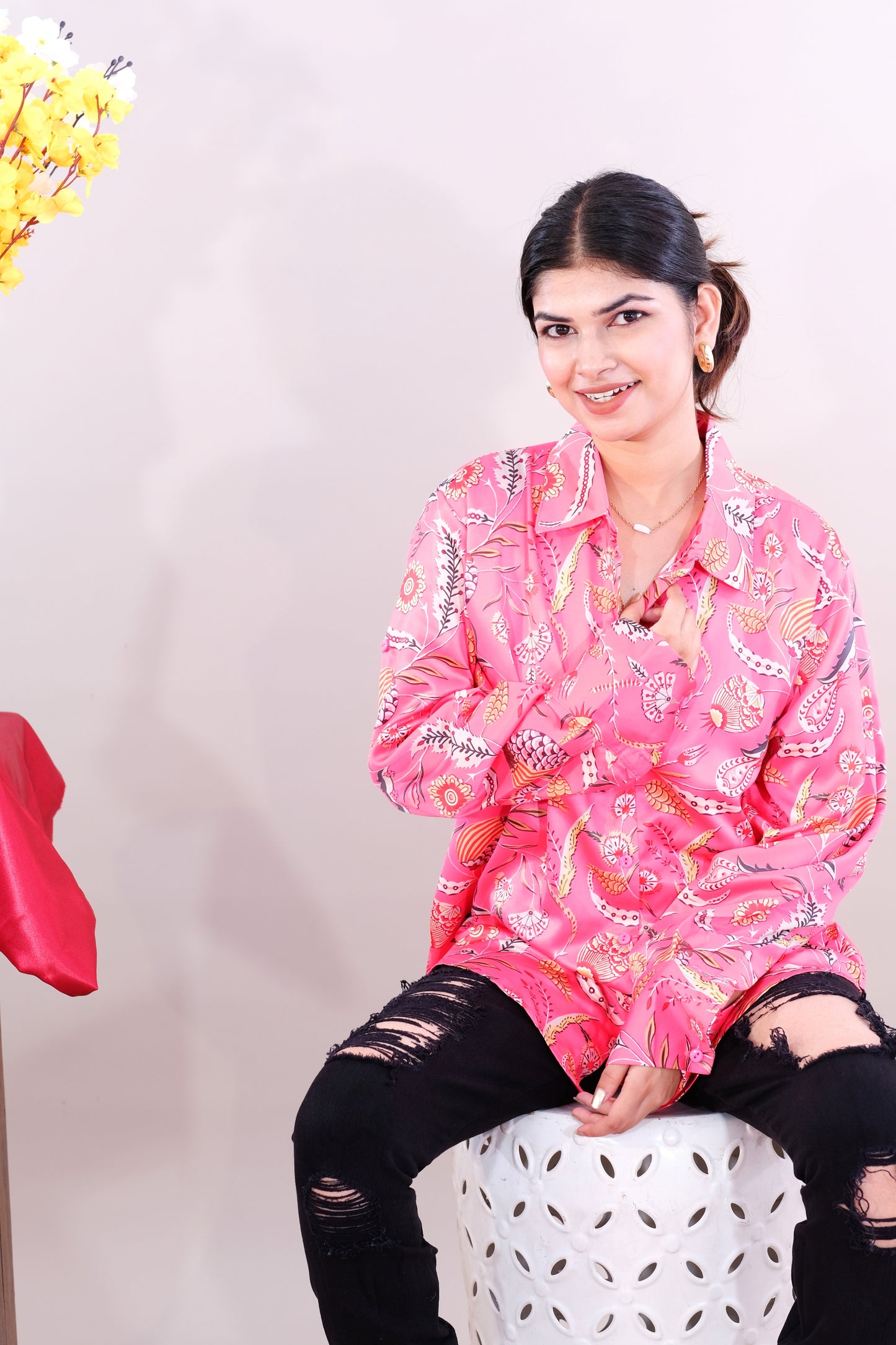 Printed Shirt for women - Pink (Satin)