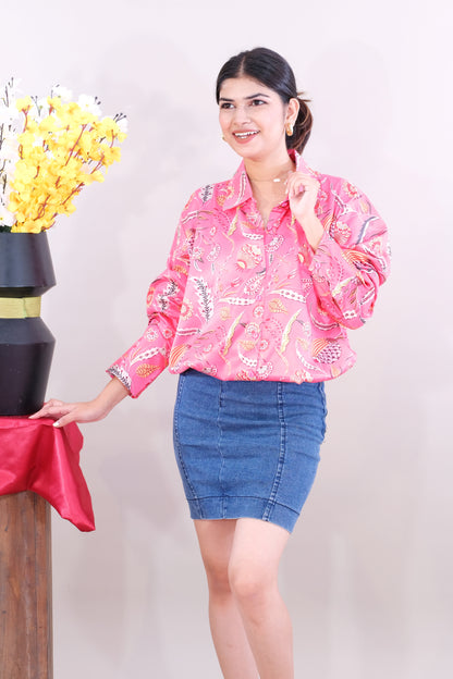 Printed Shirt for women - Pink (Satin)