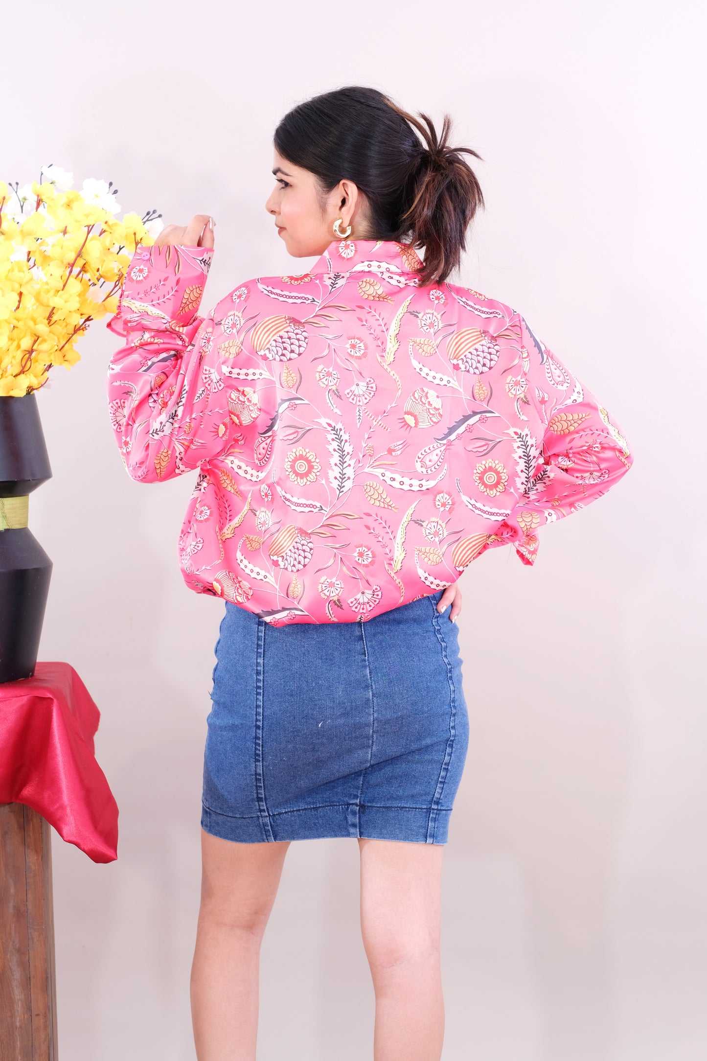 Printed Shirt for women - Pink (Satin)