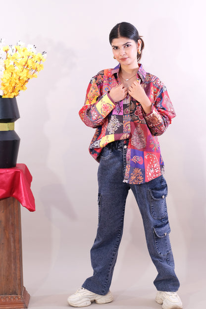 Printed Oversized Multicolor Shirt - (Cotton))