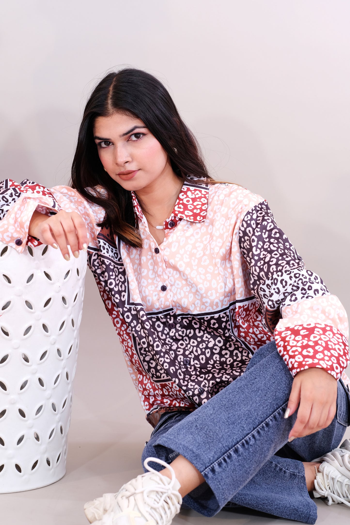 Printed Shirt for Women -White, Red & Brown (Satin)