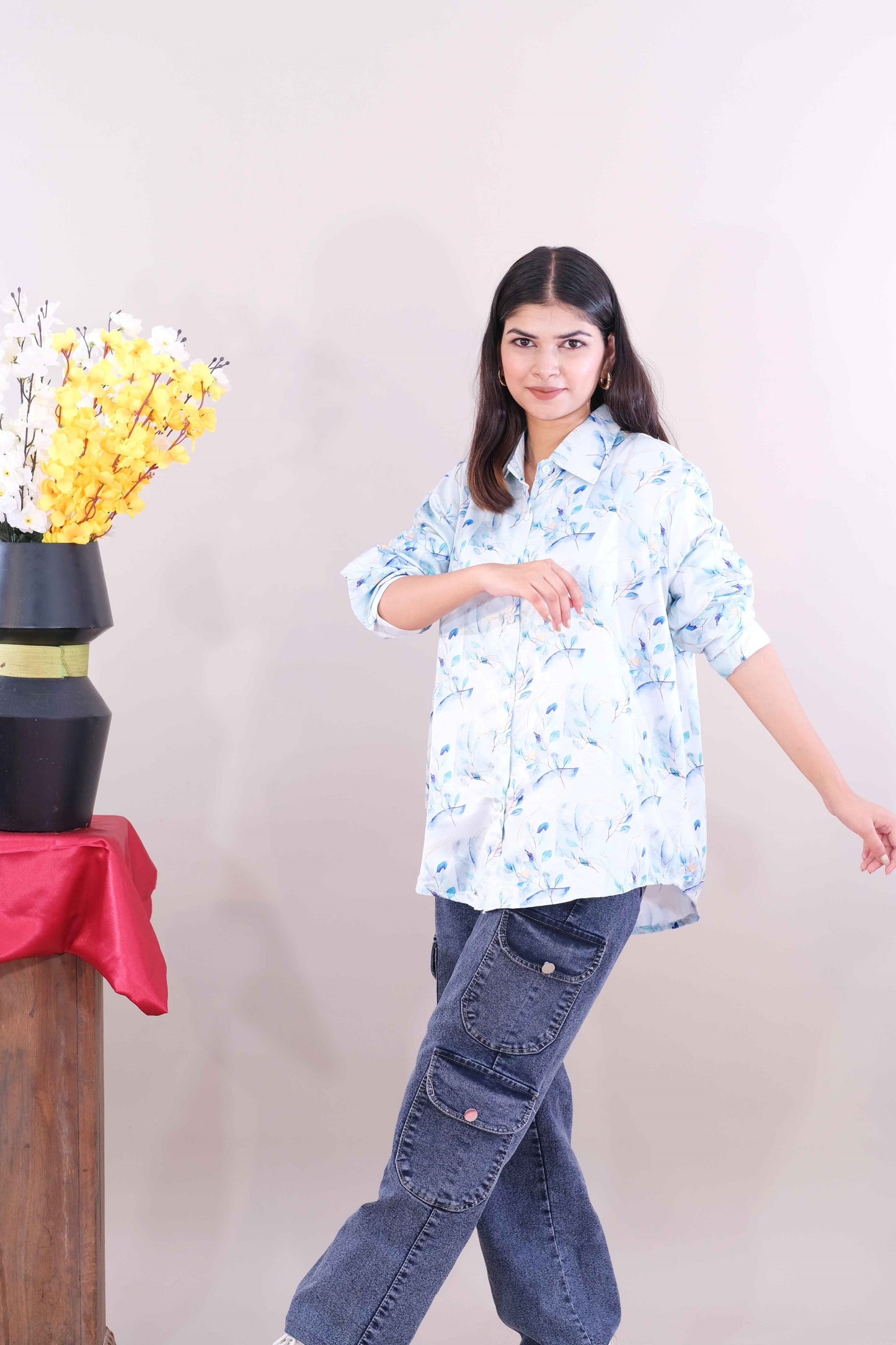 Printed shirt for women- white & blue (Cotton)