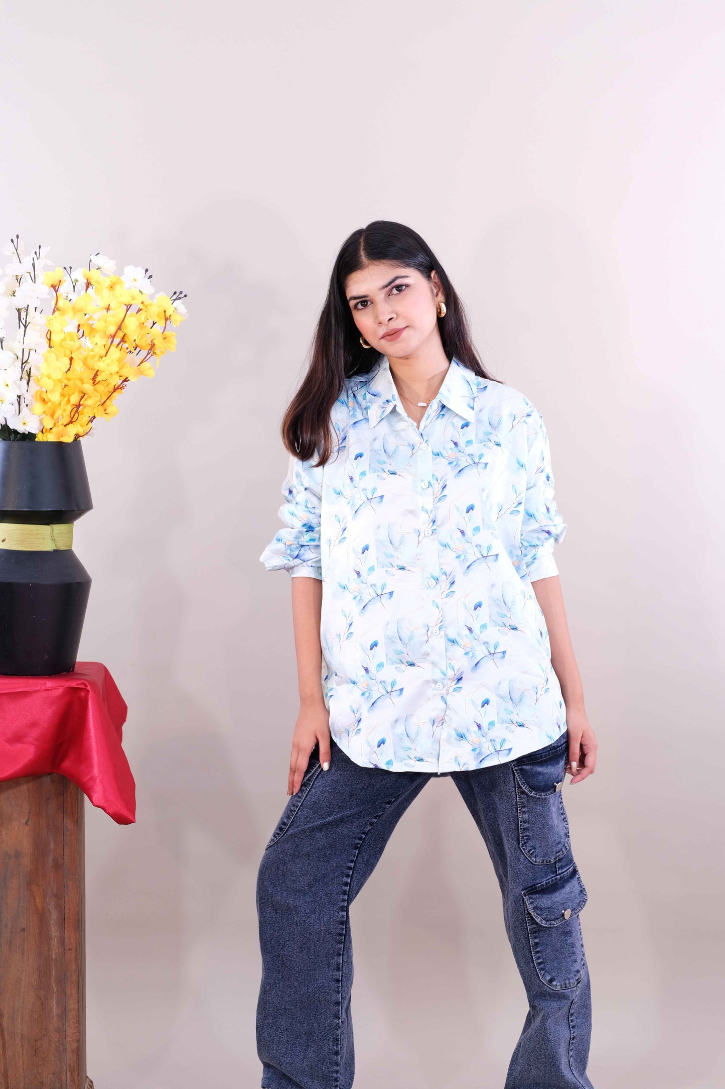 Printed shirt for women- white & blue (Cotton)