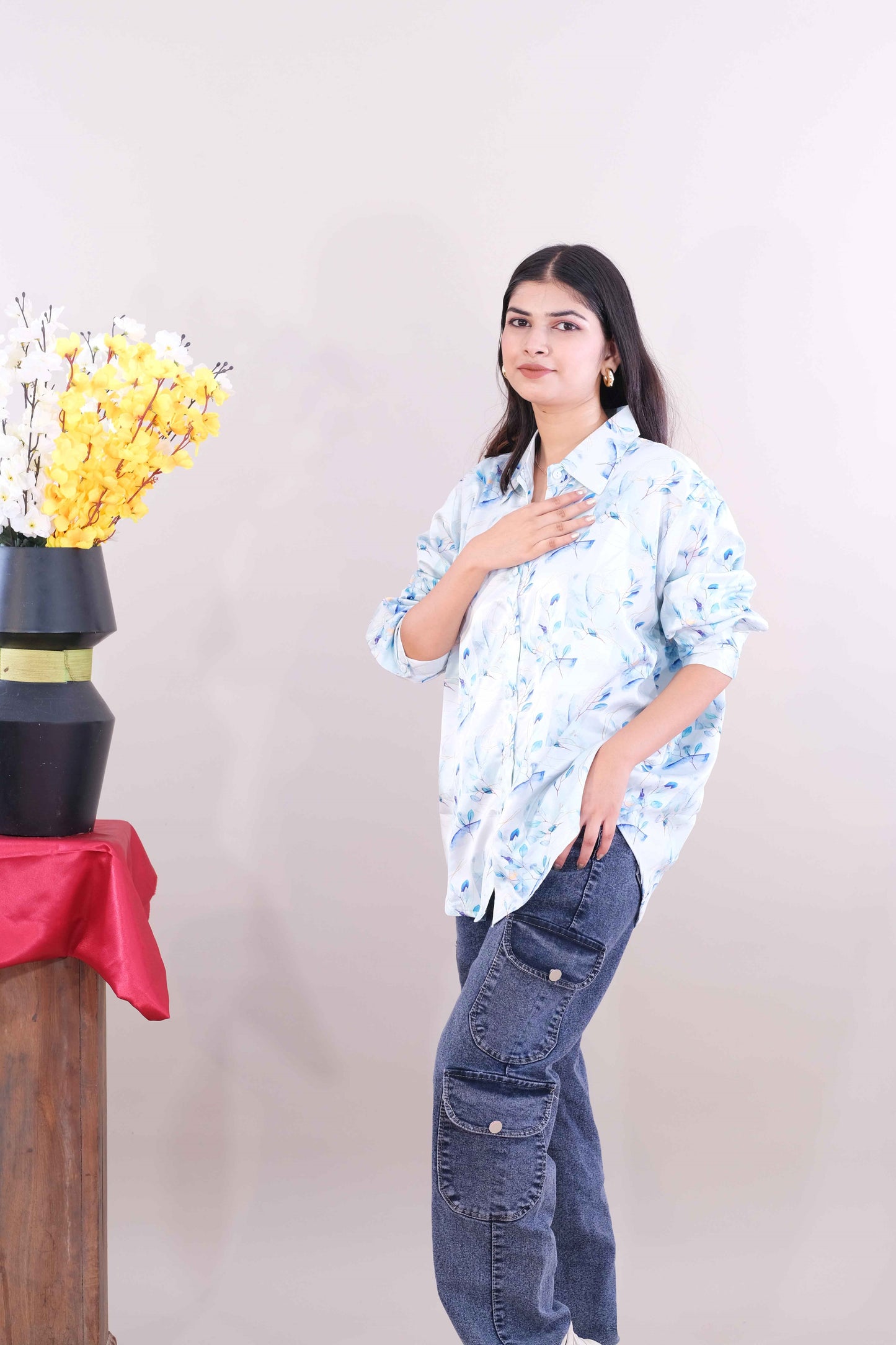 Printed shirt for women- white & blue (Cotton)