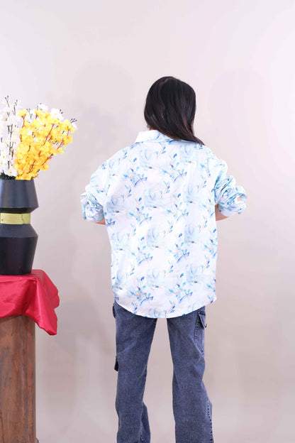 Printed shirt for women- white & blue (Cotton)