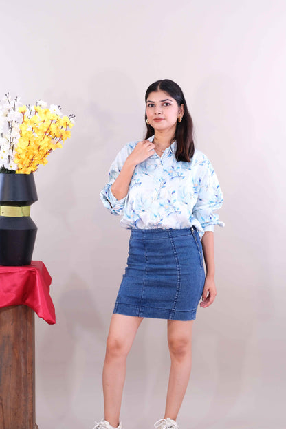 Printed shirt for women- white & blue (Cotton)