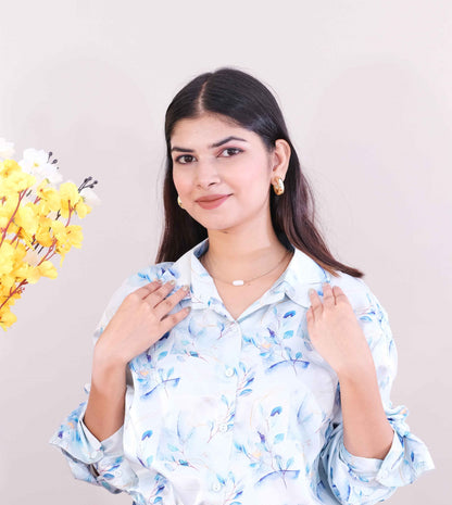 Printed shirt for women- white & blue (Cotton)