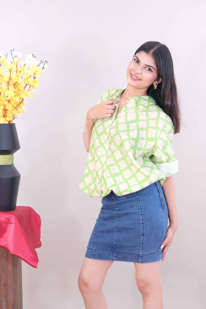 Printed Shirt For Women- Green (Cotton)