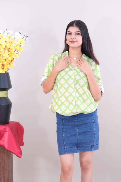 Printed Shirt For Women- Green (Cotton)